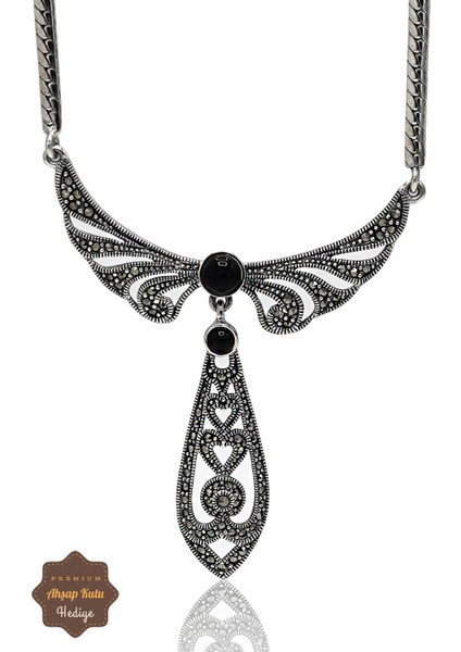 Oniks Taşlı Melek Kanat Model Markazit Taşlı Gümüş Kadın Gerdanlık 201024266
