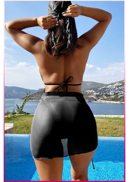 Kadın Siyah 3 Parça Bikini Takımı Yan Büzgülü Uzun Etekli fiyatları