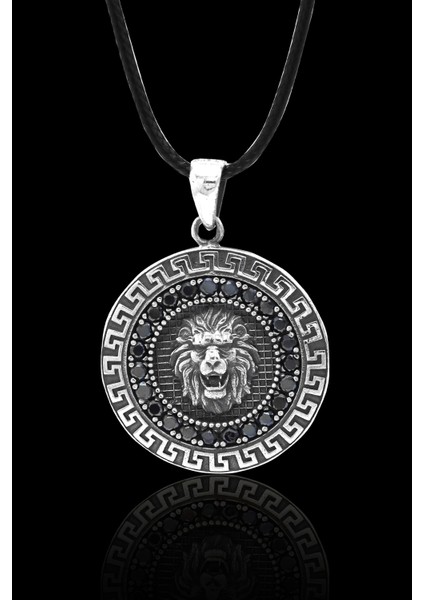 Siyah Zirkon Taşlı Aslan Model 925 Ayar Gümüş Erkek Kolye 201024343