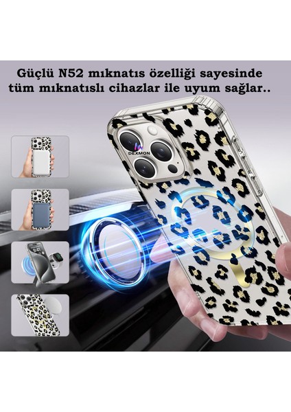 iPhone 16 Pro Uyumlu Leopar Desenli Magsafe Şarj Destekli Silikon Şeffaf Kılıf modelleri