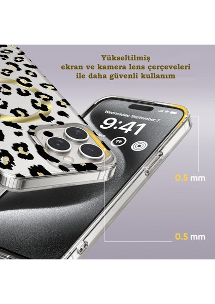 iPhone 16 Pro Uyumlu Leopar Desenli Magsafe Şarj Destekli Silikon Şeffaf Kılıf