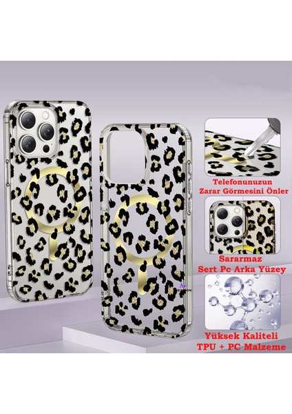 iPhone 16 Pro Uyumlu Leopar Desenli Magsafe Şarj Destekli Silikon Şeffaf Kılıf