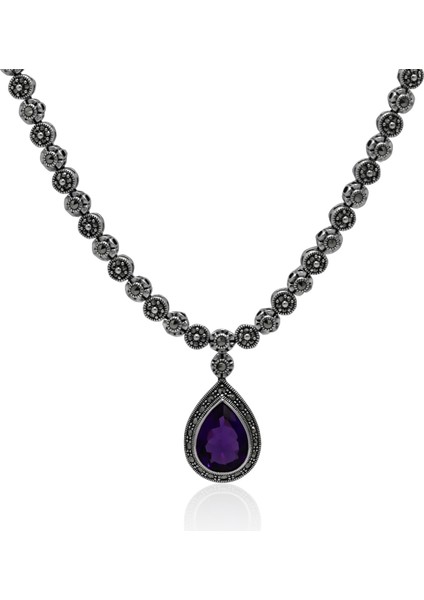 Ametist Taşlı Damla Tasarım Markazit Taşlı Gümüş Kadın Gerdanlık 201024256