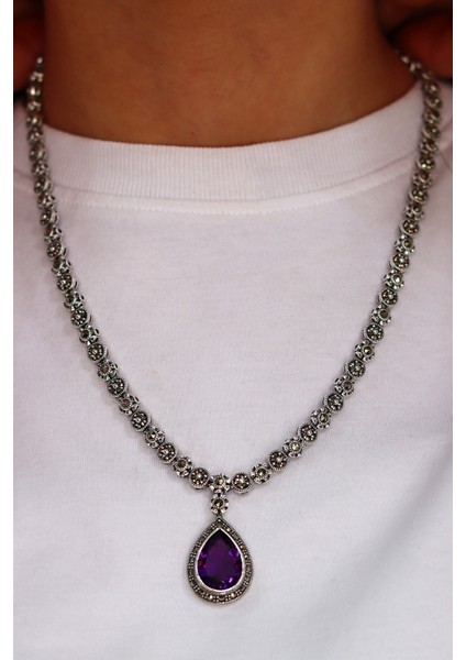 Ametist Taşlı Damla Tasarım Markazit Taşlı Gümüş Kadın Gerdanlık 201024256 fiyatları