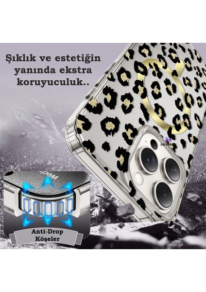 iPhone 15 Pro Max Uyumlu Leopar Desenli Magsafe Şarj Destekli Silikon Şeffaf Kılıf fırsatları