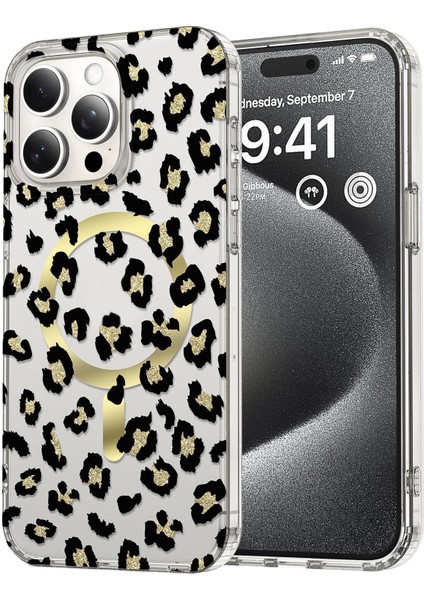 iPhone 15 Pro Max Uyumlu Leopar Desenli Magsafe Şarj Destekli Silikon Şeffaf Kılıf