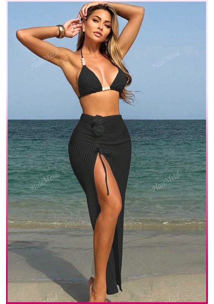 Siyah Askılı Bikini Takımı Ayarlanabilir Büzgülü Etek Tatil Stil