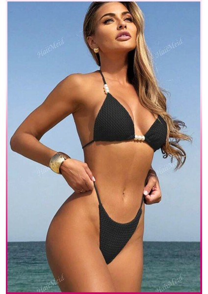 Siyah Askılı Bikini Takımı Ayarlanabilir Büzgülü Etek Tatil Stil fırsatları