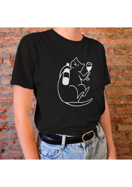 Wine Lover Cat Tişört - Siyah modelleri