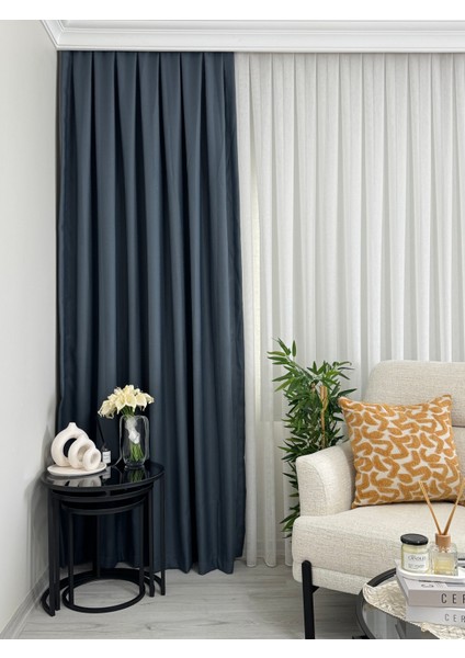 Indigo Keten Fon Perde Sık Pile