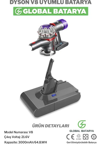 Dyson V8 Batarya 3000MAH Lityum Iyon Pil