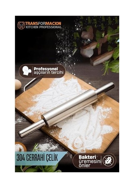 Çelik Merdane - Profesyonel Hamur Açma Merdanesi - 304 Paslanmaz Çelik Mutfak Merdanesi