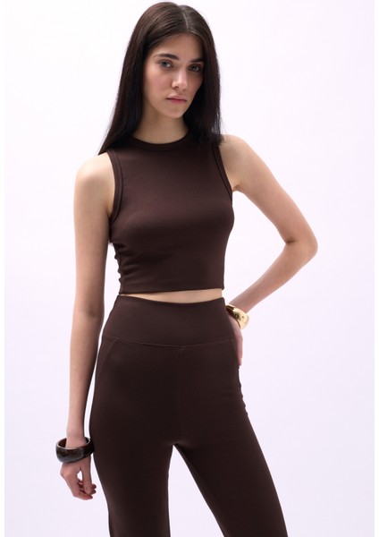 Yüzücü Yaka Crop Kahverengi Bluz