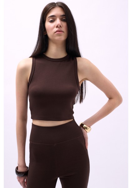 Yüzücü Yaka Crop Kahverengi Bluz modelleri