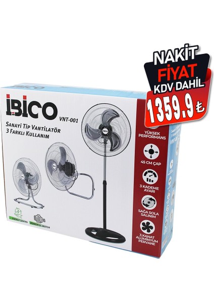 45CM Sanayi Vantilatör 3in1=duvara Monte- Masa Üstü- Ayaklı 3 Kademe Hız - 3 M - BLS9309-2037