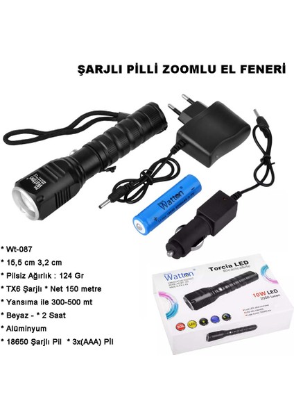 Şarjlı Pilli Zoomlu El Feneri Watton WT-087