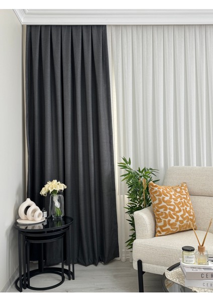 Antrasit Keten Fon Perde Sık Pile