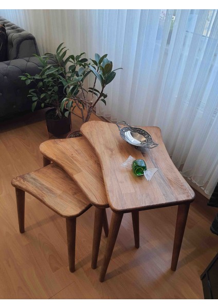 Doğal Masif Ahşap Üçlü Zigon Sehpa Takımı (3 Lü) fırsatları