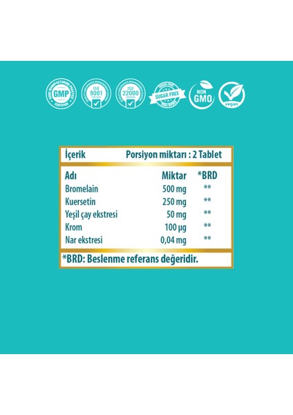 Ananas Krom Pikolinat, Yeşilçay, Nar ve Kuersetin İçeren Tablet Takviye Edici Gıda fiyatları