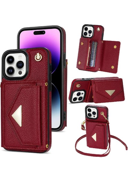 IPhone 14 Pro Akordeon Kart Cüzdan Kılıf Crossbody Kayışı ile Uyumlu (Yurt Dışından)