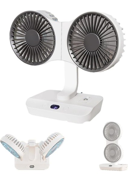 Çift Başlı Taşınabilir USB Şarjlı Fan, LED Gece Lambası ve 5000MAH Pil ile Uzun Çalışma Süresi, Ayarlanabilir Hız ve 270° Dönebilir Kafalar, Ev, Ofis, Kamp Için Ideal (CZ-01X - Beyaz)