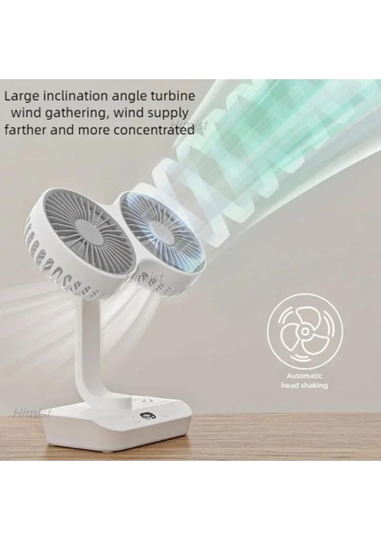 Çift Başlı Taşınabilir USB Şarjlı Fan, LED Gece Lambası ve 5000MAH Pil ile Uzun Çalışma Süresi, Ayarlanabilir Hız ve 270° Dönebilir Kafalar, Ev, Ofis, Kamp Için Ideal (CZ-01X - Beyaz)