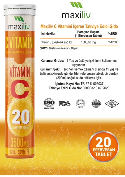C Vitamini İçeren Takviye Edici Gıda – 20 Efervesan Tablet modelleri
