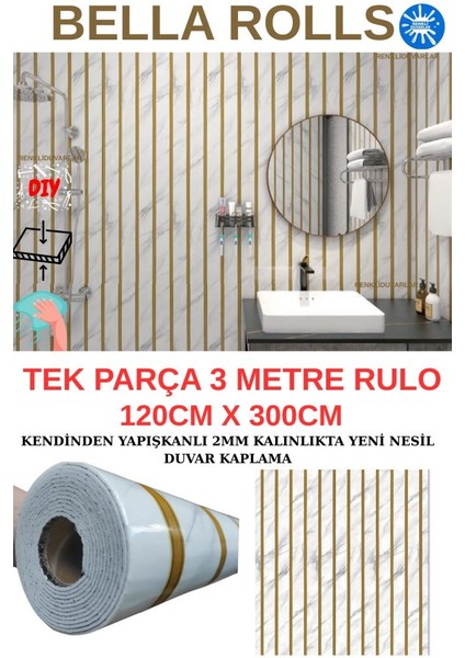 120CMX300CM Tek Parça Yapışkanlı Rulo Gold Çizgili Mermer Desenli Duvar Paneli Kağıdı QM0136
