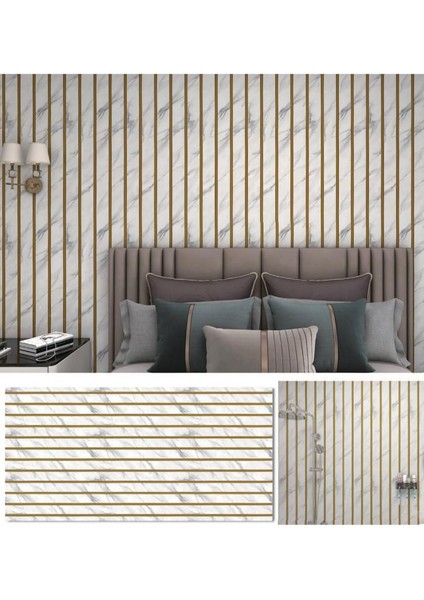 120CMX300CM Tek Parça Yapışkanlı Rulo Gold Çizgili Mermer Desenli Duvar Paneli Kağıdı QM0136
