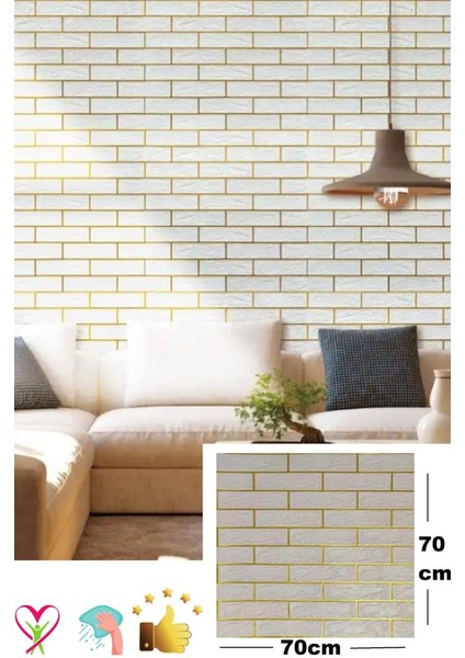 Kendinden Yapışkanlı Gold Çizgili Altın Beyaz Tuğla Desen Duvar Kağıdı Paneli 70X70CM 1 Adet NW176