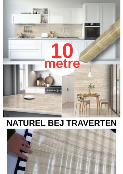 67CM x 10 Metre 1 Adet Yapışkanlı Rulo Bej Traverten Desenli Mutfak Duvar Kaplama Folyosu Kağıdı