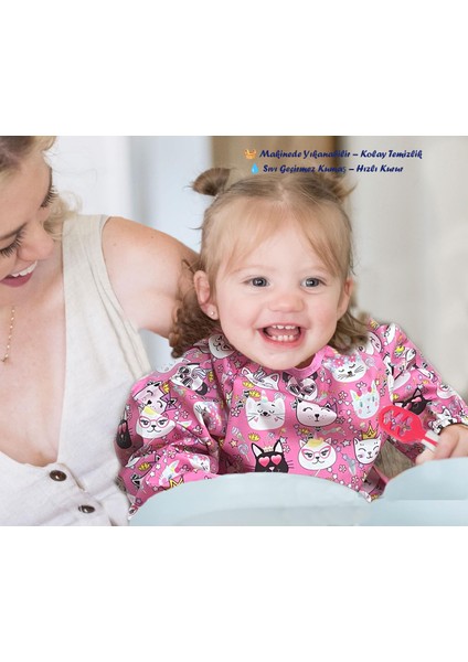 Baby Uzun Kollu Mama Önlüğü - Pembe | Blw Uyumlu, Sıvı Geçirmez, Ipsiz Güvenli Tasarım