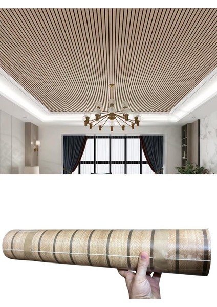 60CM x 280CM 1 Adet Kendinden Yapışkanlı Açık Kahverengi Lambiri Desenli Duvar Paneli Kağıdı YG005 modelleri