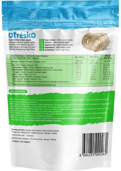 Fırında Kurutulmuş Yeşil Elma 30 G Doypack - Kuru Meyve