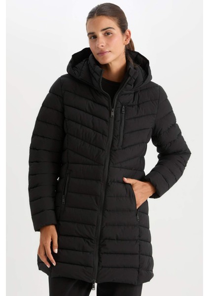 Fit Su Geçirmez Çıkarılabilir Kapüşonlu Fermuar Kapamalı Cepli Uzun Şişme Mont C6035AX24WN