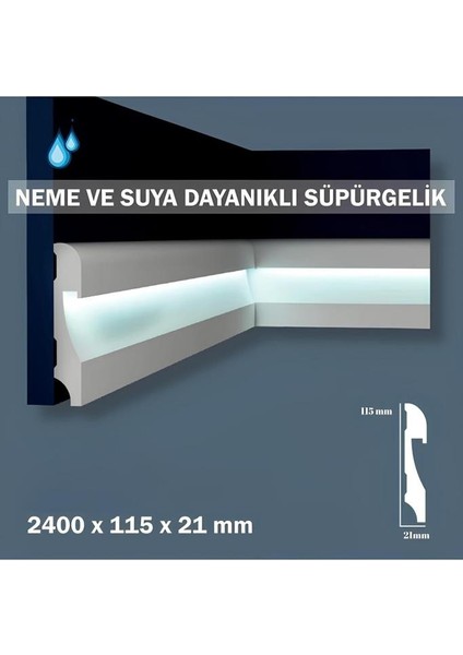 11.5 cm x 240 cm Polimer Lake Beyaz Ledli Süpürgelik Salon Ev Ofis Koridor Çıta Parke Süpürgelik fiyatları