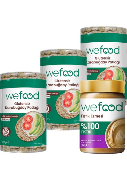 Şekersiz Sade Fıstık Ezmesi 300 gr+ Wefood Karabuğday Patlağı 100 gr 3'lü