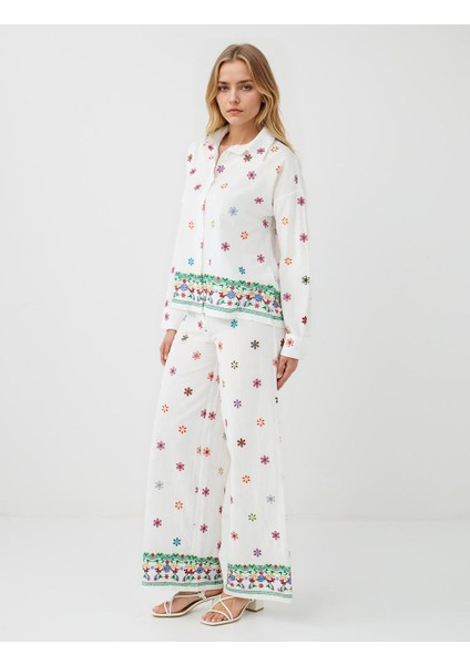 Ekru %100 Pamuk Rahat Kesim Bol Paça Çiçek Desenli Pantolon fiyatları