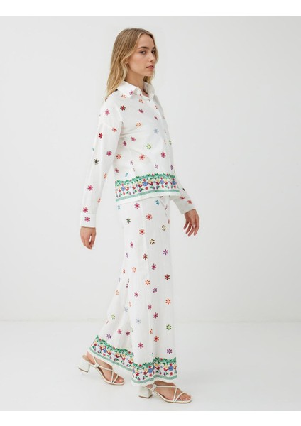 Ekru %100 Pamuk Rahat Kesim Bol Paça Çiçek Desenli Pantolon modelleri