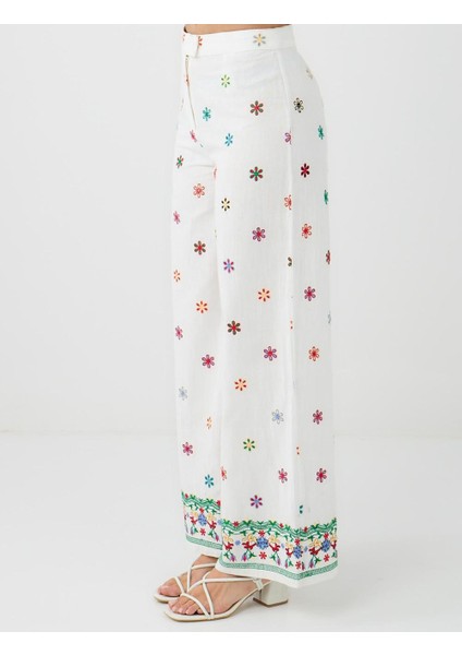 Ekru %100 Pamuk Rahat Kesim Bol Paça Çiçek Desenli Pantolon fırsatları