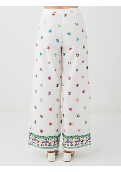 Ekru %100 Pamuk Rahat Kesim Bol Paça Çiçek Desenli Pantolon indirimleri