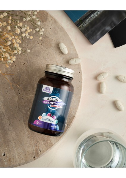 All In Multivitamin Complex | 60 Tablet (Kalsiyum, Demir, Çinko, D3, B12, C, B3, E, B5, A, B6, B1, B2, D-Biotin, Manganez, Bakır)