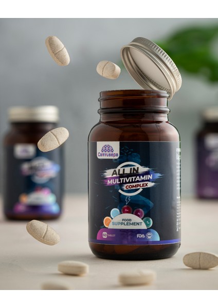 All In Multivitamin Complex | 60 Tablet (Kalsiyum, Demir, Çinko, D3, B12, C, B3, E, B5, A, B6, B1, B2, D-Biotin, Manganez, Bakır)