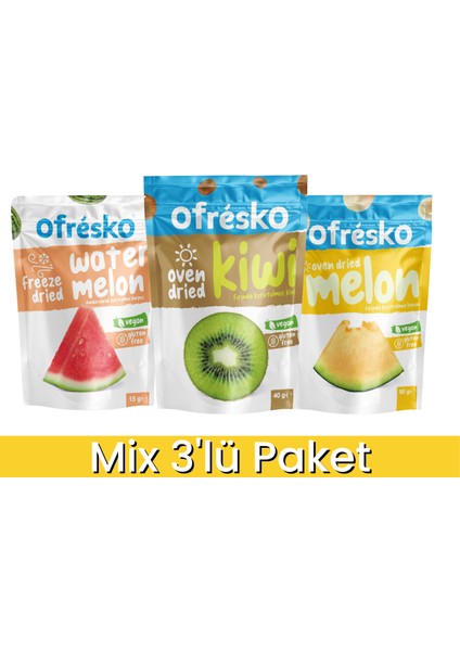 Ofresko Kuru Meyve Mix 3'lü Paket - Dondurularak Kurutulmuş Karpuz - Fırınlanarak Kurutulmuş Kavun ve Kivi - Katkısız & İlave Şekersiz