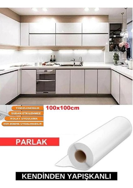 Parlak Beyaz 100X100CM Yapışkanlı Folyo Mutfak Dolap ve Mobilya Kaplama Folyosu
