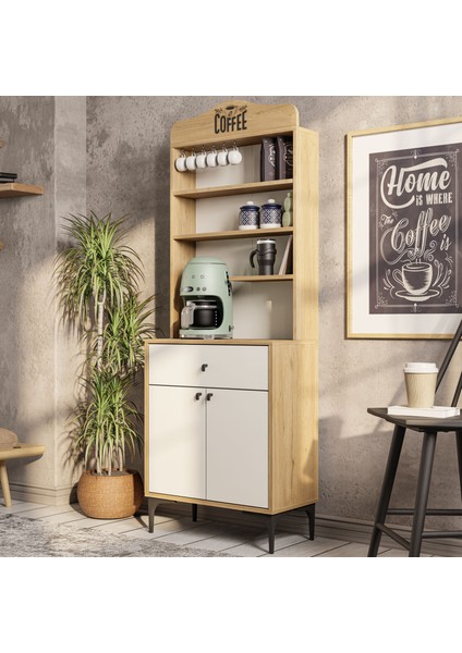 5204 Sıesta 69 cm Kahve Köşesi Çok Amaçlı Dolap 2 Kapaklı 1 Çekmeceli Kiler Mutfak Dolabı Sepet - Beyaz
