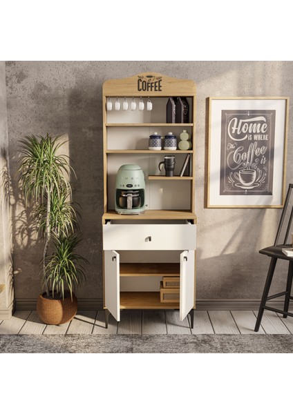 5204 Sıesta 69 cm Kahve Köşesi Çok Amaçlı Dolap 2 Kapaklı 1 Çekmeceli Kiler Mutfak Dolabı Sepet - Beyaz indirimleri