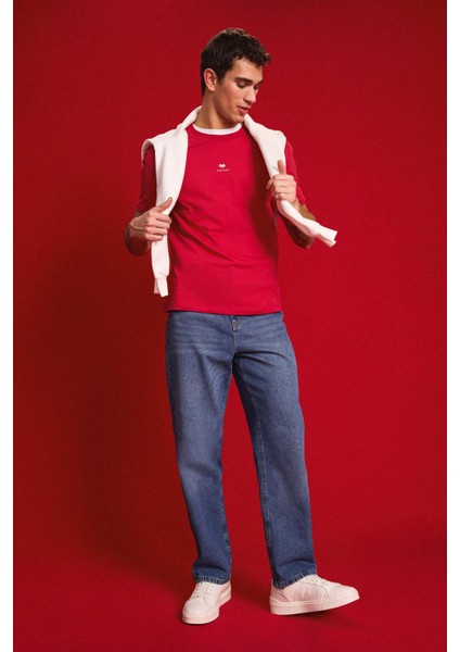 %100 Pamuk Regular Fit Bisiklet Yaka Kalp Baskılı Kısa Kollu Kırmızı Tişört D5156AX25SP fiyatları