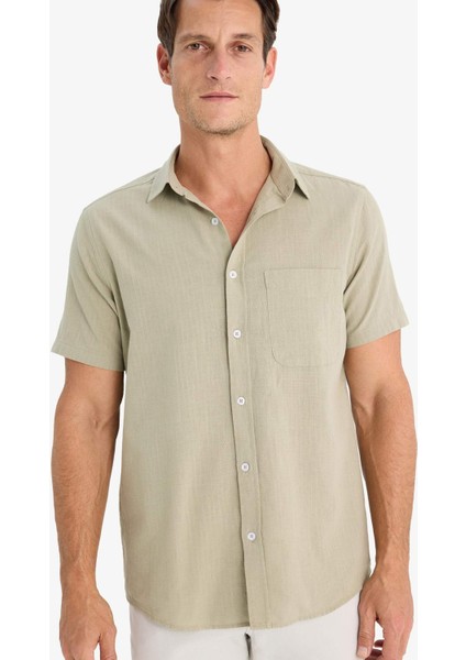 %100 Pamuk Regular Fit Yazlık Polo Yaka Keten Görünümlü Kısa Kollu Gömlek D7551AX25SP fırsatları