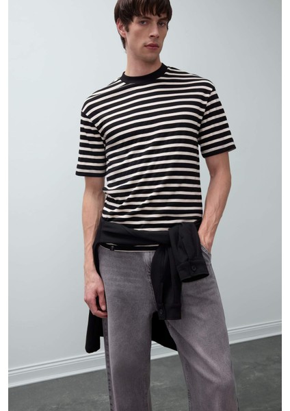 Boxy Fit Bisiklet Yaka Çizgili Kısa Kollu Ağır Kumaş Tişört B5910AX25SP